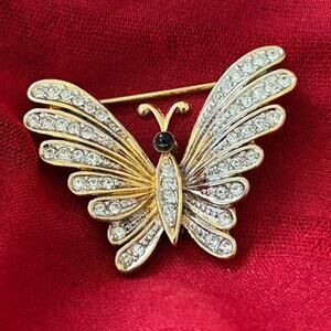 Vintage D'Orlan Butterfly Brooch 22K Gold Plated Swarovski Crystal Signed Pin